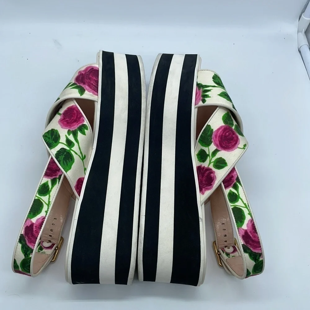 GUCCI Pink Red Rose Floral Sandals Peggy Platforms Striped Sole 39.5
